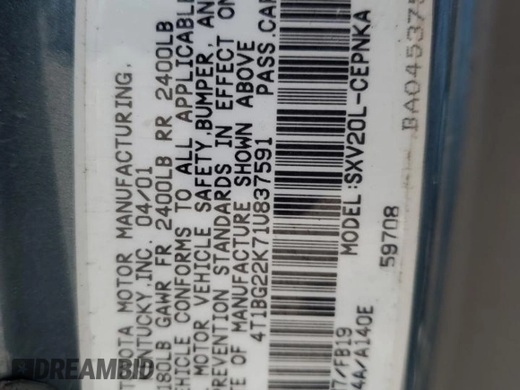 2001 Toyota Camry CE z VIN 4T1BG22K71U837591, wystawiony jako Copart lot #61239094 z przebiegiem 230 941 mil mil oraz Szkoda całkowita • Salvage title. Historia ofert i sprzedaży dostępna na DreamBid. Obrazek 12.