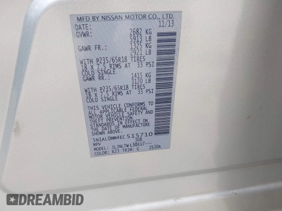 2014 Infiniti QX60 with VIN 5N1AL0MM4EC515710, listed as a IAAI auction lot 42545827 with 209,408 mi miles and . Bid and sale history available at DreamBid. Image 9.
