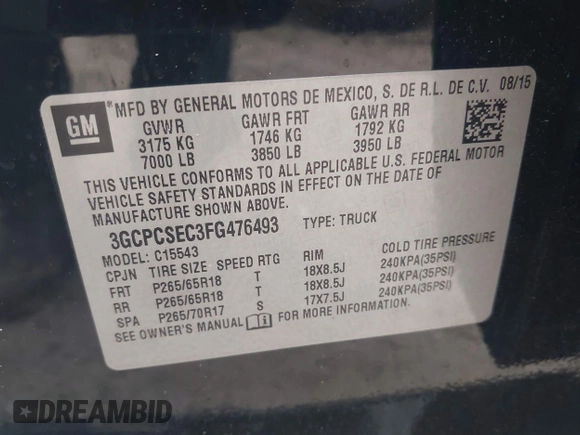 2015 Chevrolet Silverado 1500 LTZ with VIN 3GCPCSEC3FG476493, listed as a IAAI auction lot 41930761 with 230,644 mi miles and . Bid and sale history available at DreamBid. Image 9.