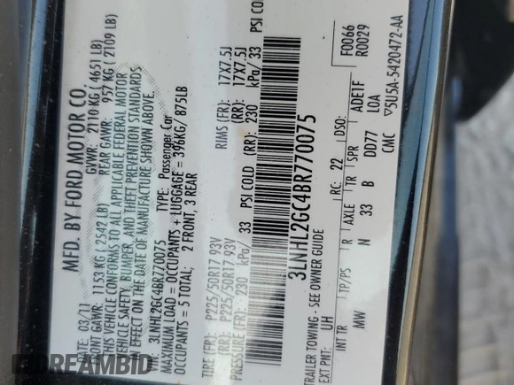 2011 Lincoln MKZ with VIN 3LNHL2GC4BR770075, listed as a Copart auction lot 53090165 with 86,245 mi miles and Salvage Title. Bid and sale history available at carsss.com. Image 12.