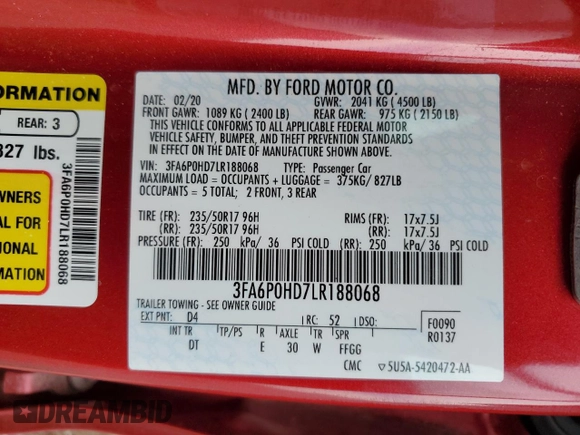 2020 Ford Fusion SE with VIN 3FA6P0HD7LR188068, listed as a Copart auction lot 51223185 with 30,321 mi miles and Salvage Title. Bid and sale history available at carsss.com. Image 12.
