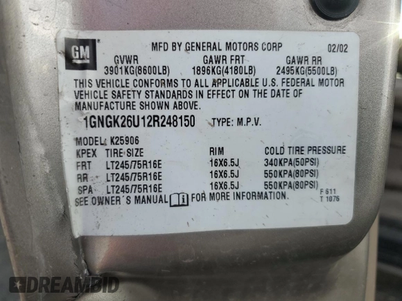 2002 Chevrolet Suburban LT z VIN 1GNGK26U12R248150, wystawiony jako Copart lot #47822975 z przebiegiem Nie podano mil oraz Szkoda całkowita • Salvage title. Historia ofert i sprzedaży dostępna na DreamBid. Obrazek 14.