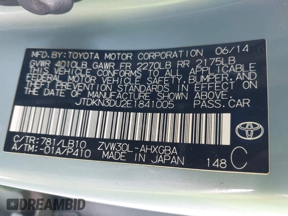 2014 Toyota Prius Four z VIN JTDKN3DU2E1841005, wystawiony jako IAAI lot #42273016 z przebiegiem 117 044 mil mil oraz . Historia ofert i sprzedaży dostępna na DreamBid. Obrazek 9.
