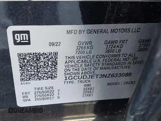 2022 Chevrolet Silverado 1500 with VIN 1GCUDJET3NZ633089, listed as a IAAI auction lot 41419358 with 43,152 mi miles and . Bid and sale history available at DreamBid. Image 9.