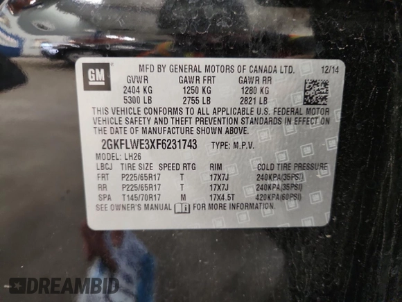 2015 GMC Terrain SLE z VIN 2GKFLWE3XF6231743, wystawiony jako Copart lot #59194175 z przebiegiem 145 680 mil mil oraz Nie do naprawy • Non repairable. Historia ofert i sprzedaży dostępna na DreamBid. Obrazek 13.