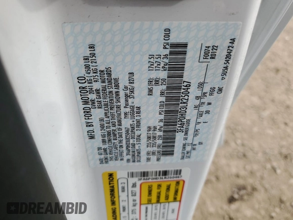 2020 Ford Fusion SE with VIN 3FA6P0HD3LR250467, listed as a Copart auction lot 43949205 with 50,592 mi miles and Salvage Title. Bid and sale history available at carsss.com. Image 14.