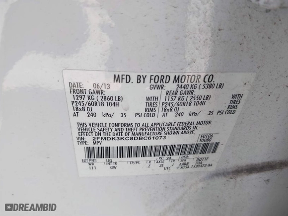 2013 Ford Edge Limited with VIN 2FMDK3KC8DBC61073, listed as a IAAI auction lot 41888030 with 1 mi miles. Bid and sale history available at carsss.com. Image 9.