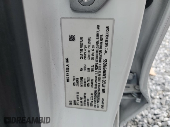 2021 Tesla Model 3 Standard Range Plus z VIN 5YJ3E1EA8MF978095, wystawiony jako Copart lot #45689495 z przebiegiem 44 375 mil mil oraz Szkody całkowita. Historia ofert i sprzedaży dostępna na DreamBid. Obrazek 13.