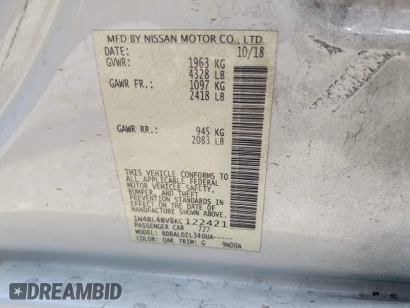 2019 Nissan Altima S z VIN 1N4BL4BV8KC122421, wystawiony jako IAAI lot #42215166 z przebiegiem Nie podano mil oraz . Historia ofert i sprzedaży dostępna na DreamBid. Obrazek 9.