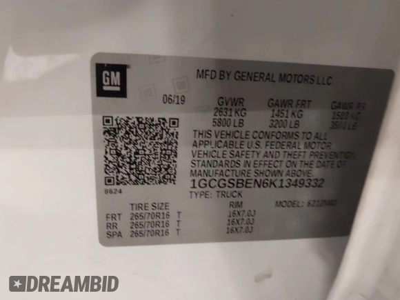 2019 Chevrolet Colorado 2WD Work Truck with VIN 1GCGSBEN6K1349332, listed as a IAAI auction lot 41900272 with 68,657 mi miles and . Bid and sale history available at DreamBid. Image 9.