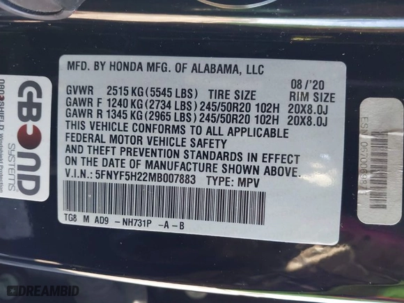 2021 Honda Pilot Special Edition with VIN 5FNYF5H22MB007883, listed as a IAAI auction lot 41417913 with 1 mi miles. Bid and sale history available at carsss.com. Image 9.