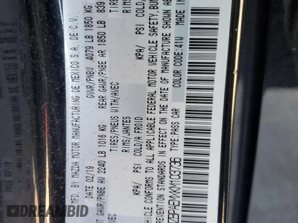 2019 Mazda 3 Premium with VIN 3MZBPAEMXKM103736, listed as a Copart auction lot 86816734 with Not Provided miles and Non Repairable. Bid and sale history available at DreamBid. Image 13.
