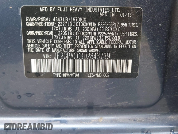 2013 Subaru Crosstrek Premium with VIN JF2GPACC3D2843739, listed as a IAAI auction lot 42439629 with 156,625 mi miles and . Bid and sale history available at DreamBid. Image 9.