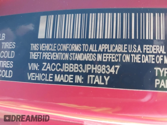 2018 Jeep Renegade Latitude with VIN ZACCJBBB3JPH98347, listed as a IAAI auction lot 40483552 with 56,993 mi miles and . Bid and sale history available at DreamBid. Image 9.