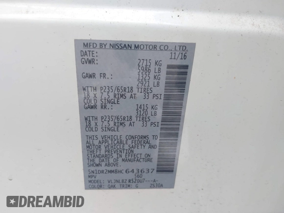 2017 Nissan Pathfinder SV with VIN 5N1DR2MM8HC643637, listed as a IAAI auction lot 42641998 with 137,826 mi miles and . Bid and sale history available at DreamBid. Image 9.