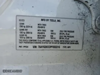 2023 Tesla Model Y Long Range with VIN 7SAYGDEE3PF693316, listed as a Copart auction lot 49501945 with 0 mi miles and Salvage Title. Bid and sale history available at carsss.com. Image 13.