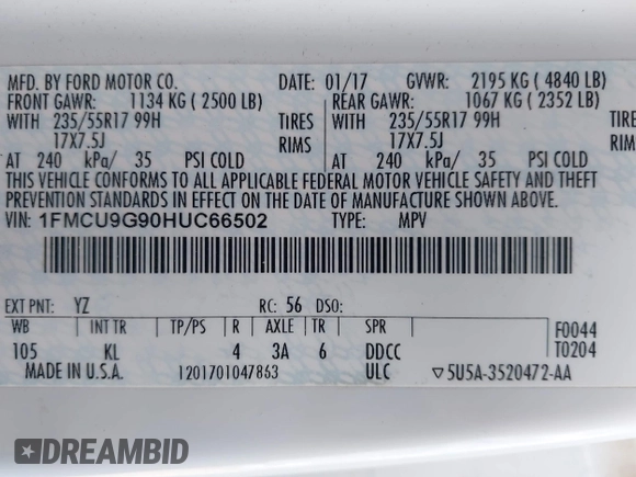 2017 Ford Escape SE with VIN 1FMCU9G90HUC66502, listed as a IAAI auction lot 41991527 with 219,380 mi miles. Bid and sale history available at carsss.com. Image 9.