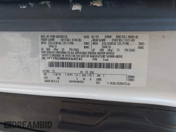 2019 Ford Transit с VIN 1FTYR2XMXKKA45743, выставлен на аукционе IAAI как лот 41900765 с пробегом 83 853 миль миль и . История ставок и продаж доступна на DreamBid. Изображение 9.