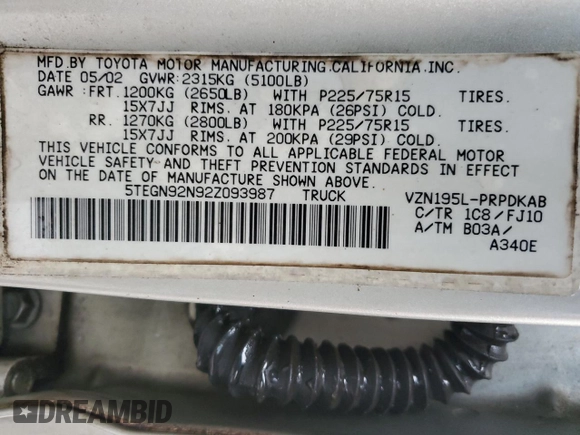 2002 Toyota Tacoma PreRunner with VIN 5TEGN92N92Z093987, listed as a Copart auction lot 45094525 with Not Provided miles and Salvage Title. Bid and sale history available at DreamBid. Image 13.