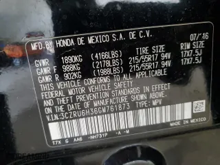 2016 Honda HR-V LX with VIN 3CZRU6H36GM761873, listed as a Copart auction lot 53177945 with 85,950 mi miles and Clean Title. Bid and sale history available at carsss.com. Image 12.