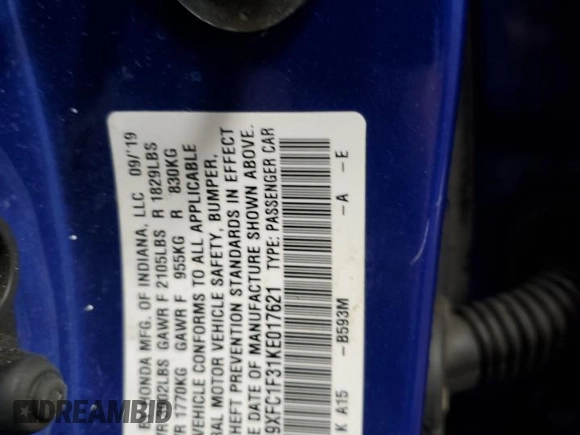 2019 Honda Civic Sedan EX with VIN 19XFC1F31KE017621, listed as a Copart auction lot 50706145 with 99,477 mi miles and Salvage Title. Bid and sale history available at carsss.com. Image 12.