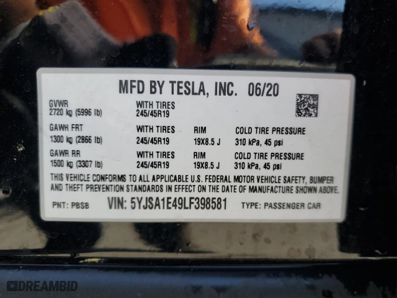2020 Tesla Model S Performance with VIN 5YJSA1E49LF398581, listed as a Copart auction lot 50723735 with 28,534 mi miles and Salvage Title. Bid and sale history available at carsss.com. Image 12.