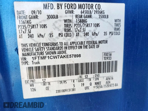2010 Ford F-150 XL z VIN 1FTMF1CW7AKE57898, wystawiony jako Copart lot #56361625 z przebiegiem 274 884 mil mil oraz Szkoda całkowita • Salvage title. Historia ofert i sprzedaży dostępna na DreamBid. Obrazek 12.