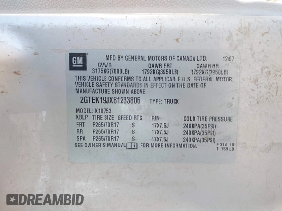 2008 GMC Sierra 1500 SLE1 z VIN 2GTEK19JX81233806, wystawiony jako IAAI lot #40382411 z przebiegiem 318 796 mil mil oraz . Historia ofert i sprzedaży dostępna na DreamBid. Obrazek 9.