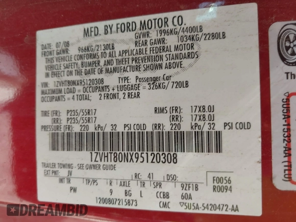 2009 Ford Mustang with VIN 1ZVHT80NX95120308, listed as a IAAI auction lot 42014306 with 136,208 mi miles and . Bid and sale history available at carsss.com. Image 9.