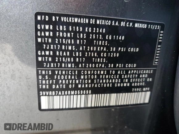 2024 Volkswagen Tiguan S с VIN 3VVRB7AX6RM059698, выставлен на аукционе Copart как лот 48455235 с пробегом 34 344 миль миль и На запчасти • Non repairable. История ставок и продаж доступна на DreamBid. Изображение 13.