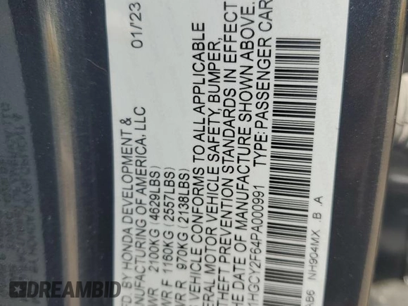 2023 Honda Accord EX-L with VIN 1HGCY2F64PA000991, listed as a Copart auction lot 57084005 with Not provided miles and Salvage title. Bid and sale history available at DreamBid. Image 12.