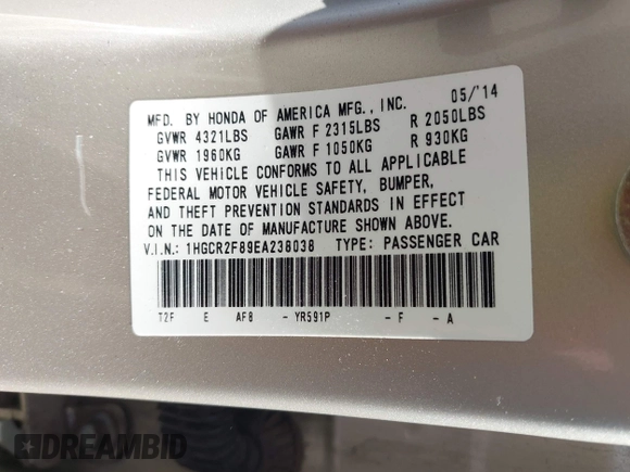 2014 Honda Accord EX-L with VIN 1HGCR2F89EA238038, listed as a IAAI auction lot 42111345 with 97,112 mi miles and . Bid and sale history available at carsss.com. Image 9.
