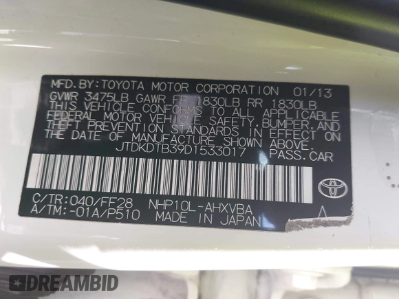 2013 Toyota Prius One z VIN JTDKDTB39D1533017, wystawiony jako IAAI lot #42383282 z przebiegiem 162 435 mil mil oraz . Historia ofert i sprzedaży dostępna na DreamBid. Obrazek 9.