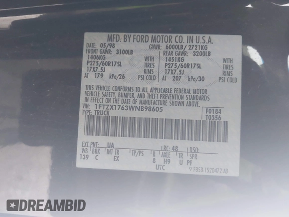 1998 Ford F-150 with VIN 1FTZX1763WNB98605, listed as a IAAI auction lot 41396443 with 116,084 mi miles and . Bid and sale history available at DreamBid. Image 9.