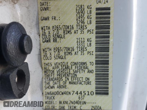 2014 Nissan Frontier SV z VIN 1N6AD0CW4EN744510, wystawiony jako Copart lot #50601065 z przebiegiem 179 159 mil mil oraz Szkoda całkowita • Salvage title. Historia ofert i sprzedaży dostępna na DreamBid. Obrazek 12.