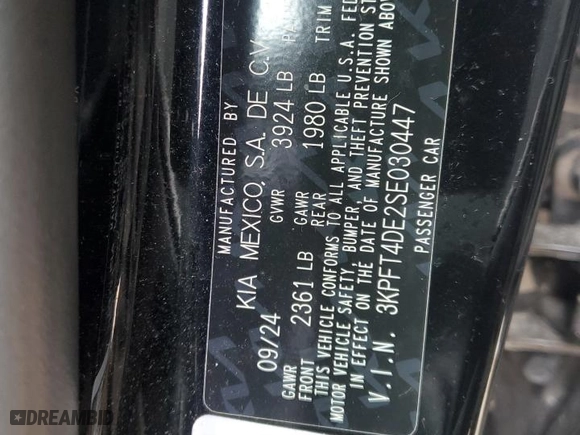 2025 Kia K4 LXS with VIN 3KPFT4DE2SE030447, listed as a Copart auction lot 43762505 with 6,352 mi miles and Salvage Title. Bid and sale history available at carsss.com. Image 13.