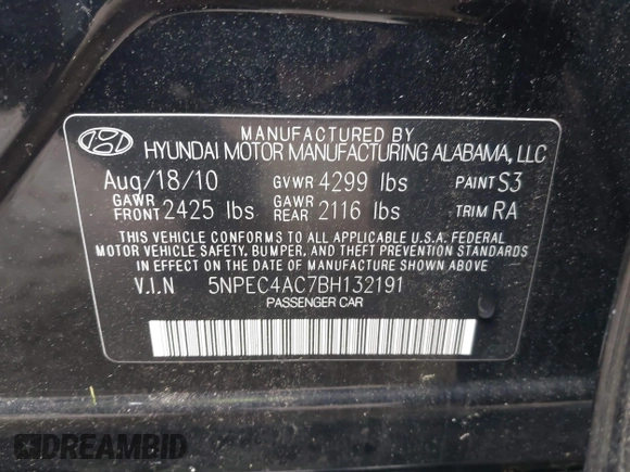 2011 Hyundai Sonata SE with VIN 5NPEC4AC7BH132191, listed as a IAAI auction lot 42027287 with 152,418 mi miles. Bid and sale history available at carsss.com. Image 9.