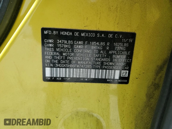 2015 Honda Fit EX-L with VIN 3HGGK5H86FM747285, listed as a Copart auction lot 53034715 with 102,236 mi miles and Salvage Title. Bid and sale history available at DreamBid. Image 14.