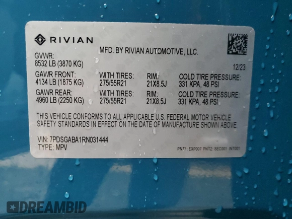 2024 Rivian R1S Adventure z VIN 7PDSGABA1RN031444, wystawiony jako Copart lot #43312765 z przebiegiem Nie podano mil oraz Szkody całkowita. Historia ofert i sprzedaży dostępna na DreamBid. Obrazek 13.