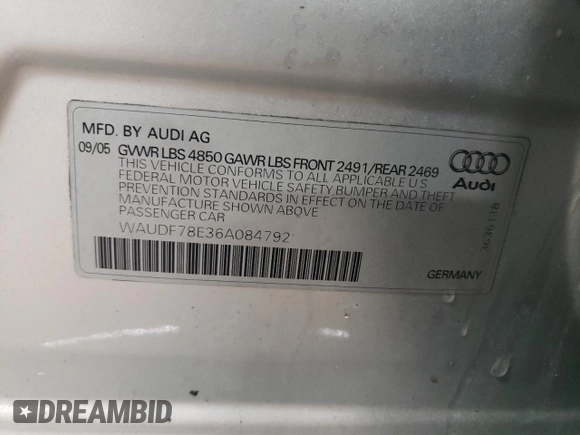 2006 Audi A4 2.0T with VIN WAUDF78E36A084792, listed as a Copart auction lot 45609625 with 96,537 mi miles and Salvage Title. Bid and sale history available at carsss.com. Image 12.