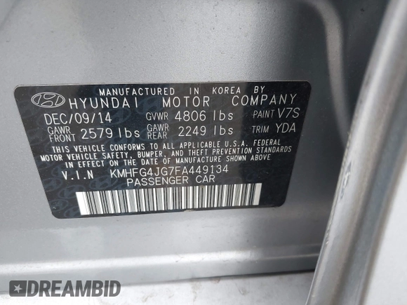 2015 Hyundai Azera • with VIN KMHFG4JG7FA449134, listed as a IAAI auction lot 42024291 with 130,625 mi miles and . Bid and sale history available at carsss.com. Image 9.