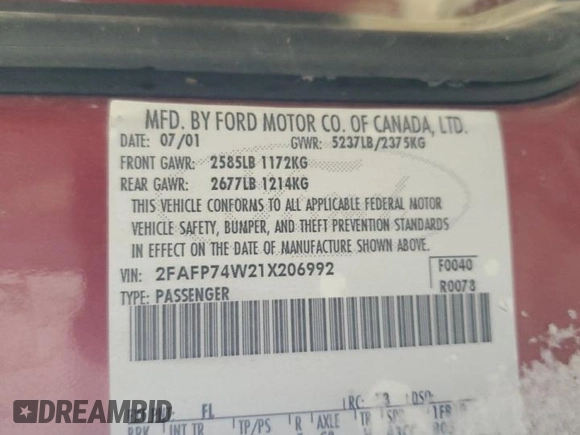 2001 Ford Crown Victoria LX z VIN 2FAFP74W21X206992, wystawiony jako Copart lot #45082985 z przebiegiem 137 954 mil mil oraz Szkoda całkowita • Salvage title. Historia ofert i sprzedaży dostępna na DreamBid. Obrazek 12.