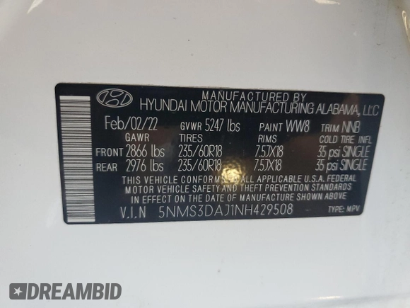 2022 Hyundai Santa Fe SEL with VIN 5NMS3DAJ1NH429508, listed as a Copart auction lot 48584945 with 48,048 mi miles and Salvage Title. Bid and sale history available at carsss.com. Image 15.