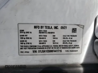 2021 Tesla Model S Long Range with VIN 5YJSA1E59MF441715, listed as a Copart auction lot 56667755 with Not provided miles and Salvage title. Bid and sale history available at DreamBid. Image 12.