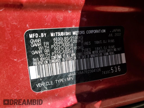 2023 Mitsubishi Eclipse Cross LE z VIN JA4ATVAA7PZ004126, wystawiony jako Copart lot #47288175 z przebiegiem 73 015 mil mil oraz Szkoda całkowita • Salvage title. Historia ofert i sprzedaży dostępna na DreamBid. Obrazek 12.