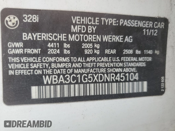 2013 BMW 3 Series 328i with VIN WBA3C1G5XDNR45104, listed as a Copart auction lot 54140965 with 138,283 mi miles and Clean Title. Bid and sale history available at carsss.com. Image 12.