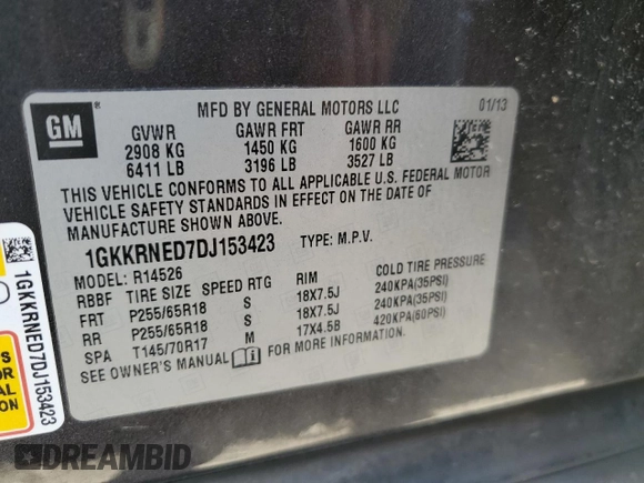 2013 GMC Acadia SLE with VIN 1GKKRNED7DJ153423, listed as a Copart auction lot 50818275 with 151,516 mi miles and Salvage Title. Bid and sale history available at carsss.com. Image 14.