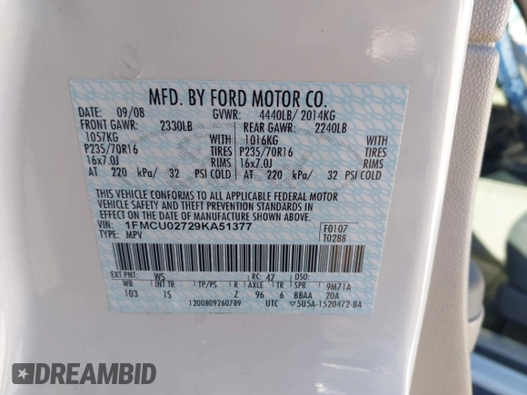 2009 Ford Escape XLS with VIN 1FMCU02729KA51377, listed as a IAAI auction lot 41404063 with 104,582 mi miles and . Bid and sale history available at DreamBid. Image 9.