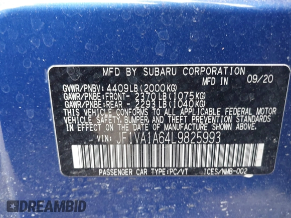 2020 Subaru WRX with VIN JF1VA1A64L9825993, listed as a IAAI auction lot 41540150 with 36,773 mi miles. Bid and sale history available at carsss.com. Image 9.