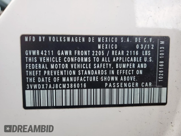 2012 Volkswagen Jetta Sedan SE w/Convenience & Sunroof with VIN 3VWDX7AJ8CM386016, listed as a Copart auction lot 46879595 with 154,968 mi miles and Clean Title. Bid and sale history available at carsss.com. Image 12.